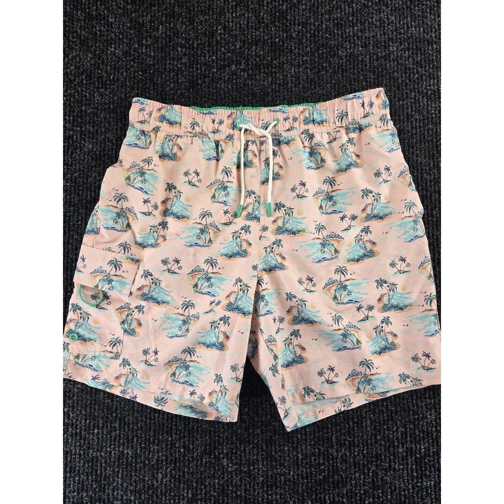 Havana Jim Mens L Tropical Palm Tree Print Swim Trunks Peach Cargo Pocket Shorts